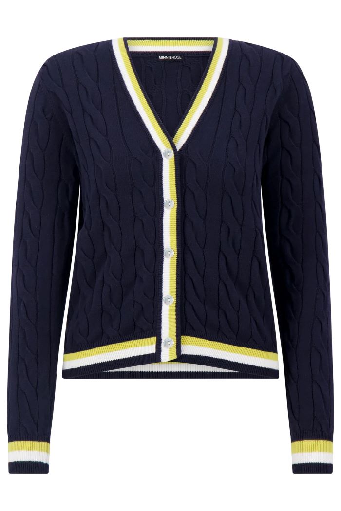 minnie rose cotton cable cardigan with striped detail navy 