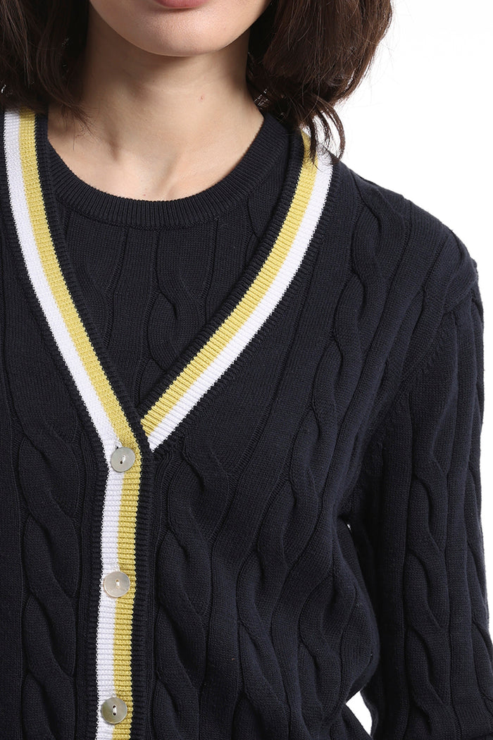 minnie rose cotton cable cardigan with striped detail navy 