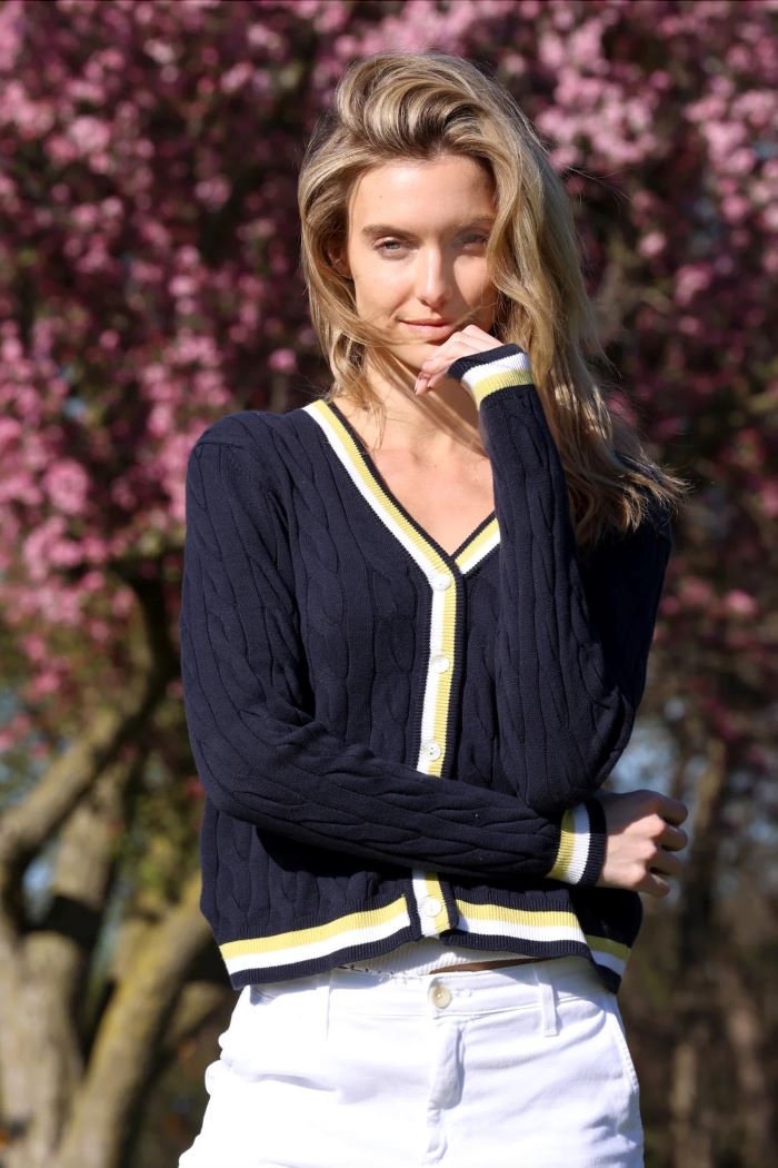 minnie rose cotton cable cardigan with striped detail navy 