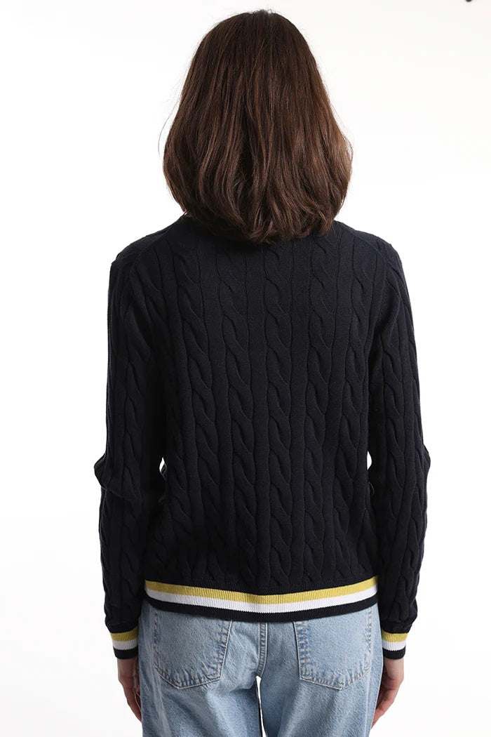 minnie rose cotton cable cardigan with striped detail navy 