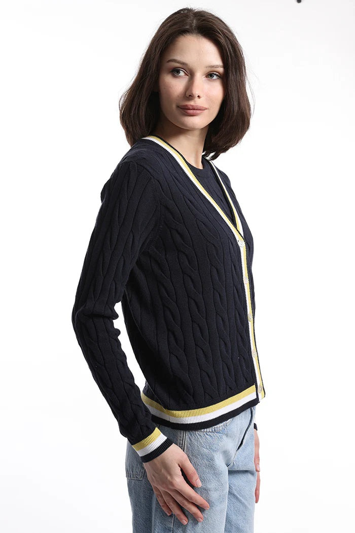 minnie rose cotton cable cardigan with striped detail navy 