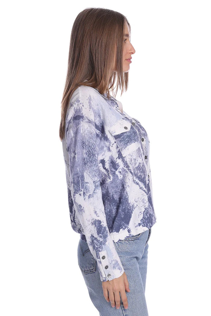 minnie rose cotton/cashmere printed camp shirt harbour blue 