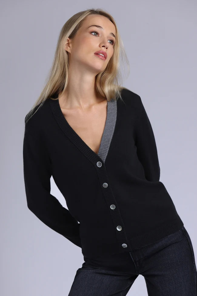 minnie rose cardigan with contrast placket black charcoal grey