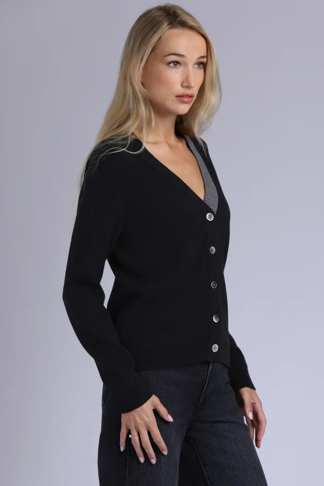 minnie rose cardigan with contrast placket black charcoal grey