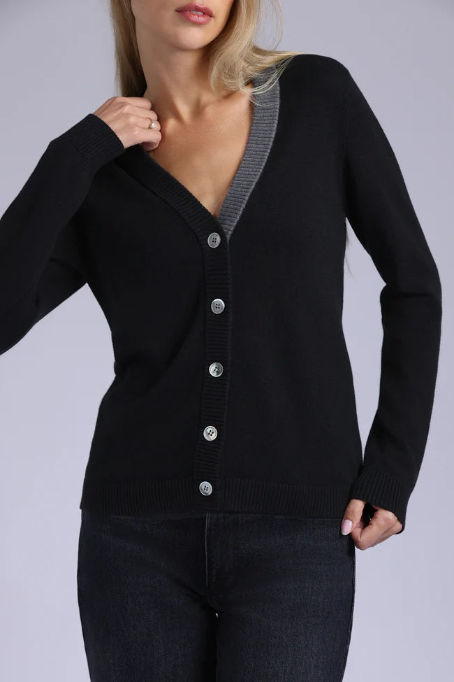 minnie rose cardigan with contrast placket black charcoal grey