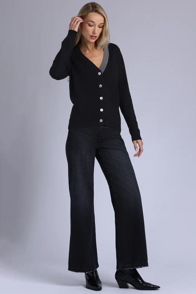 minnie rose cardigan with contrast placket black charcoal grey
