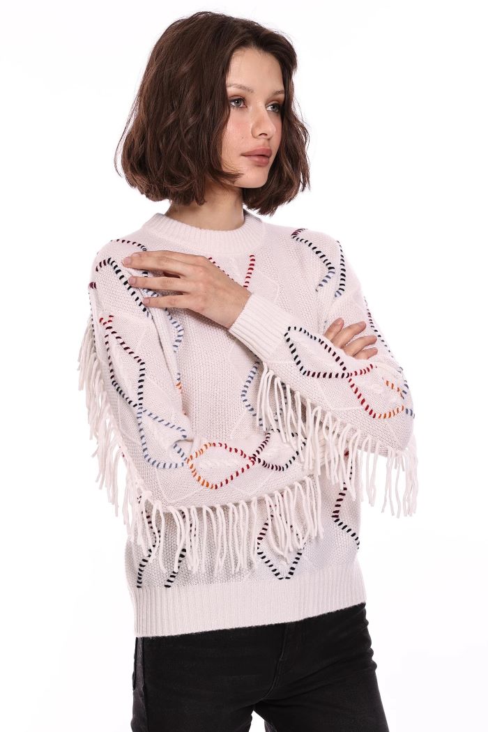 minnie rose cashmere corded detail fringe pullover white