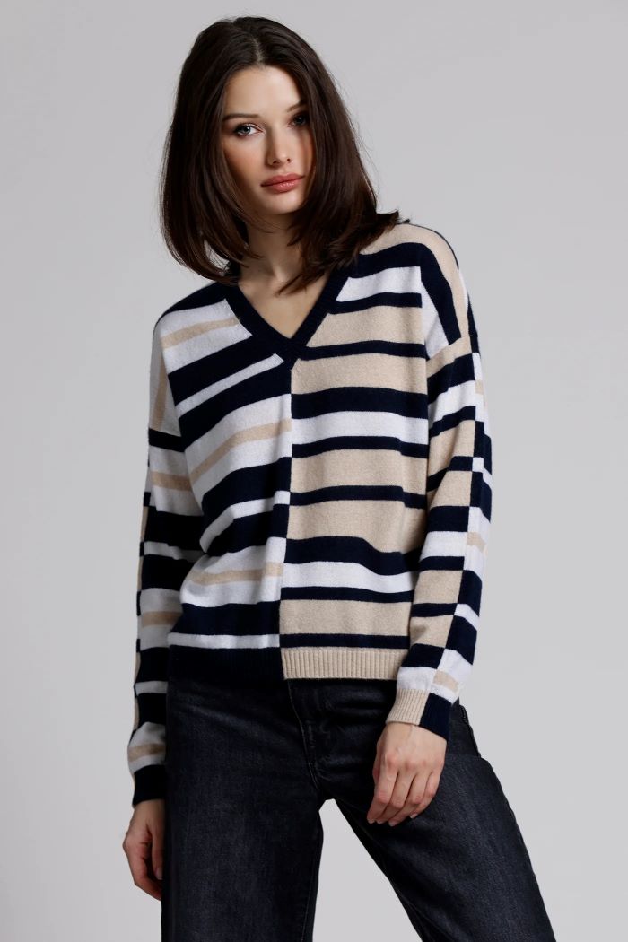 minnie rose cashmere mix stripe v neck navy combo 