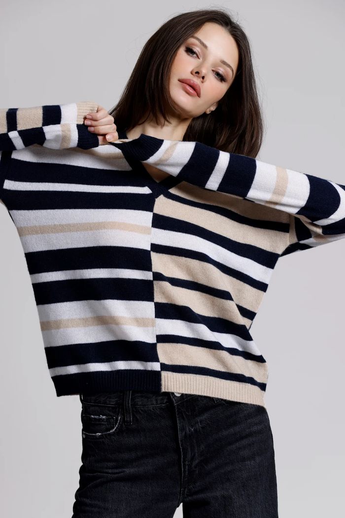 minnie rose cashmere mix stripe v neck navy combo 