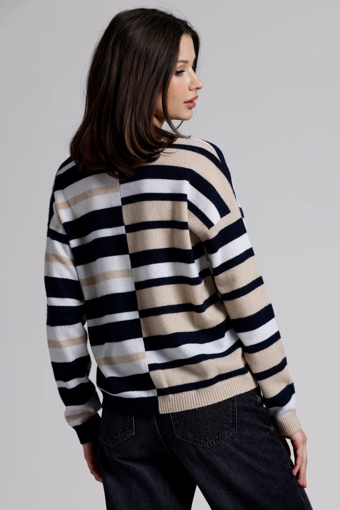 minnie rose cashmere mix stripe v neck navy combo 