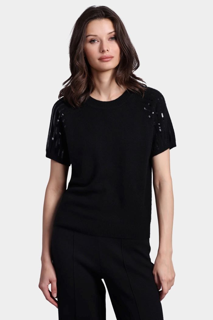 minnie rose cashmere crew with sequined sleeves black