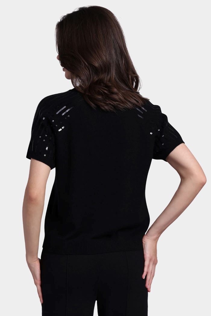 minnie rose cashmere crew with sequined sleeves black