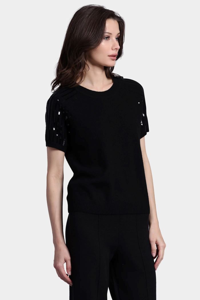 minnie rose cashmere crew with sequined sleeves black