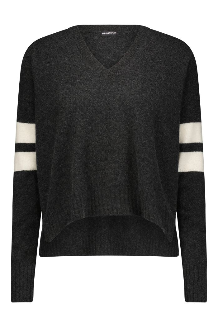 minnie rose cashmere v-neck with stripe arm charcoal white