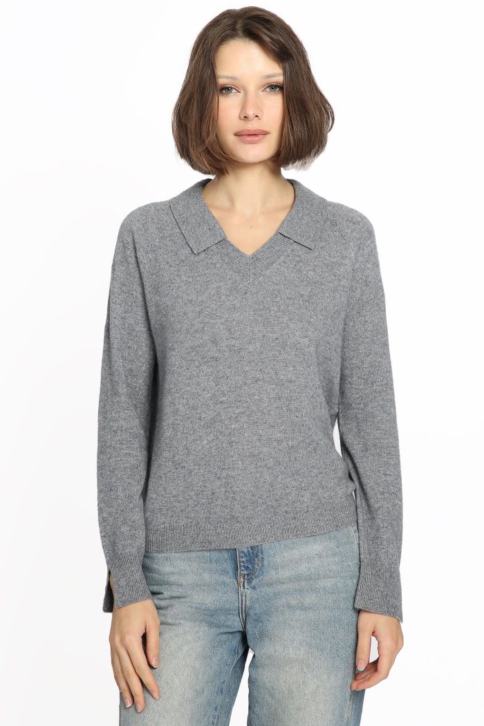 minnie rose cashmere v-neck with collar grey shadow