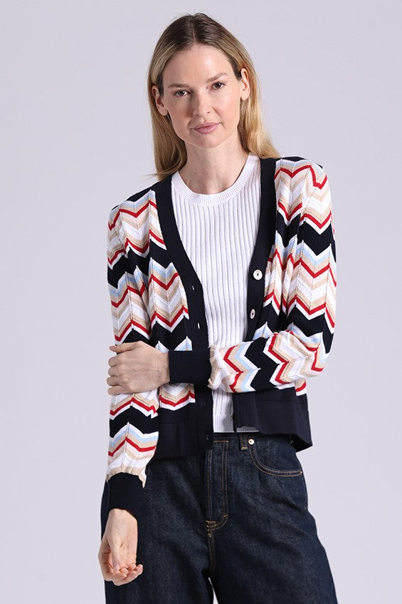 minnie rose chevron v-neck cardigan navy combo