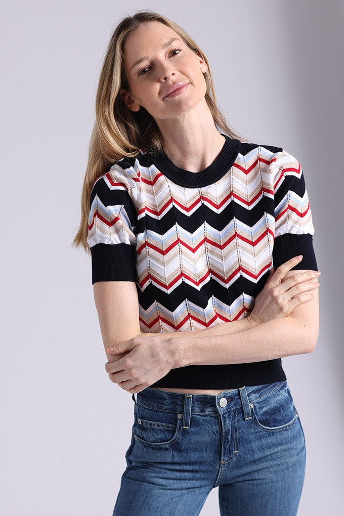minnie rose chevron short sleeve crew navy combo