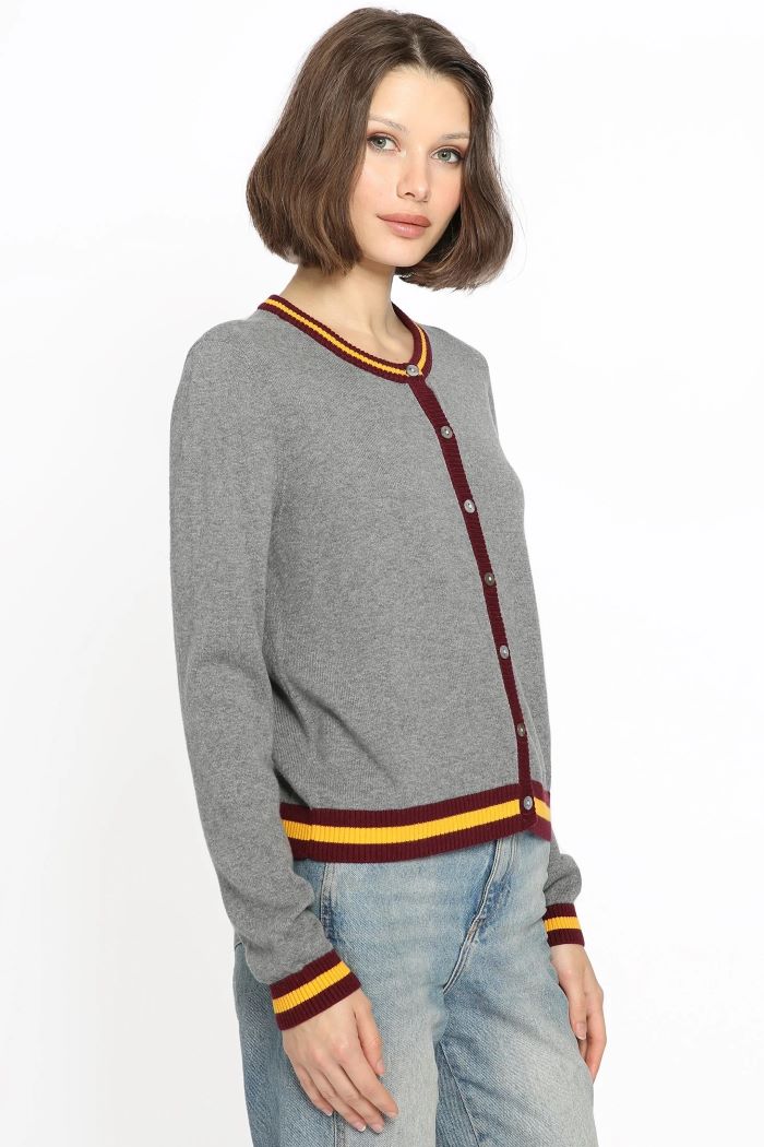 minnie rose cotton cashmere cardigan with stripe detail grey shadow combo