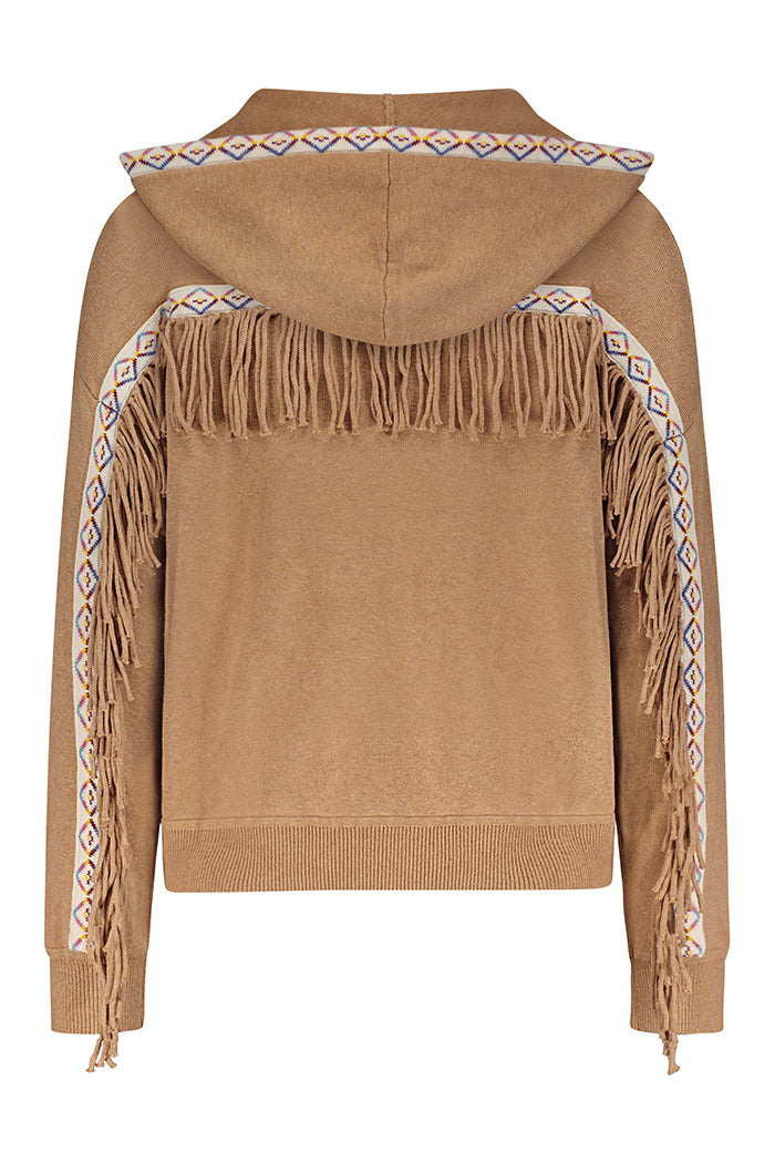 minnie rose embroidered fringe hoodie camel