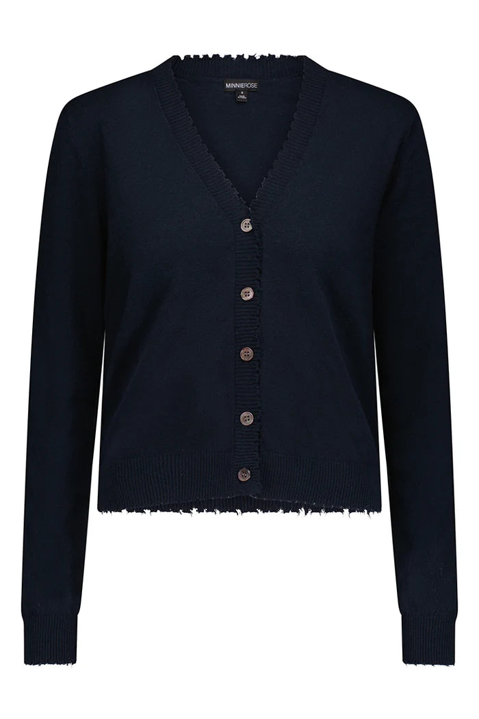 minnie rose cotton cashmere frayed cardi navy 