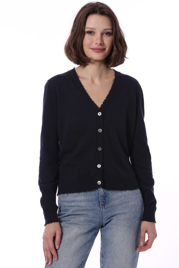 minnie rose cotton cashmere frayed cardi navy 