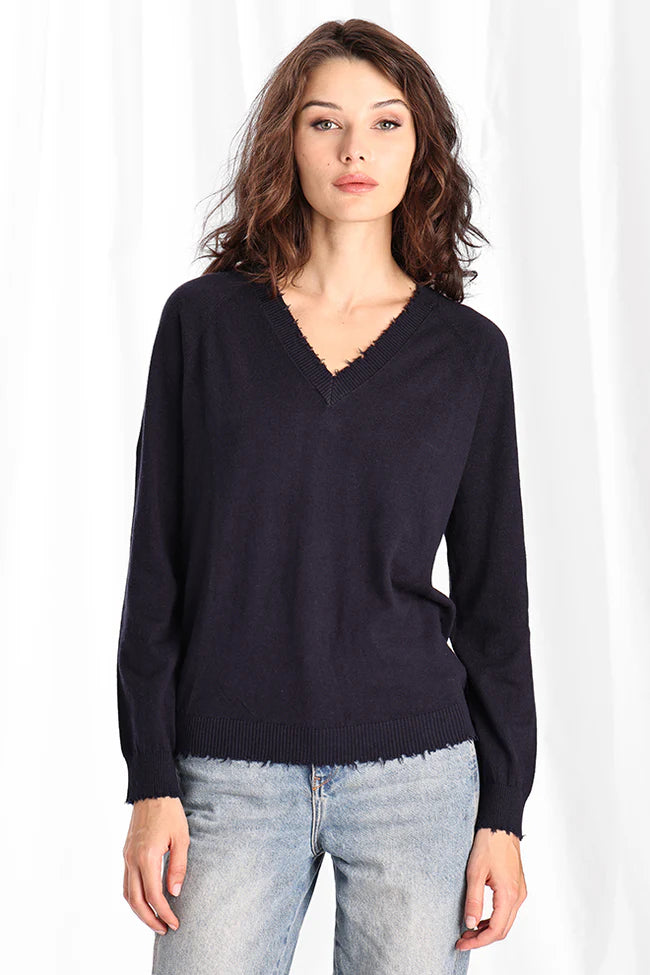 minnie rose cotton cashmere frayed edge v navy 