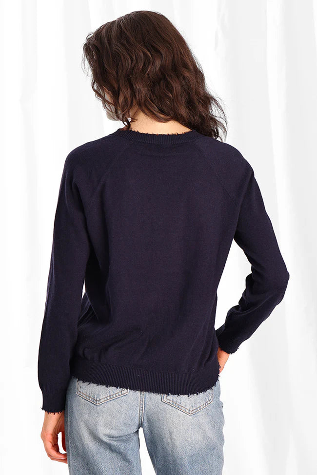 minnie rose cotton cashmere frayed edge v navy 