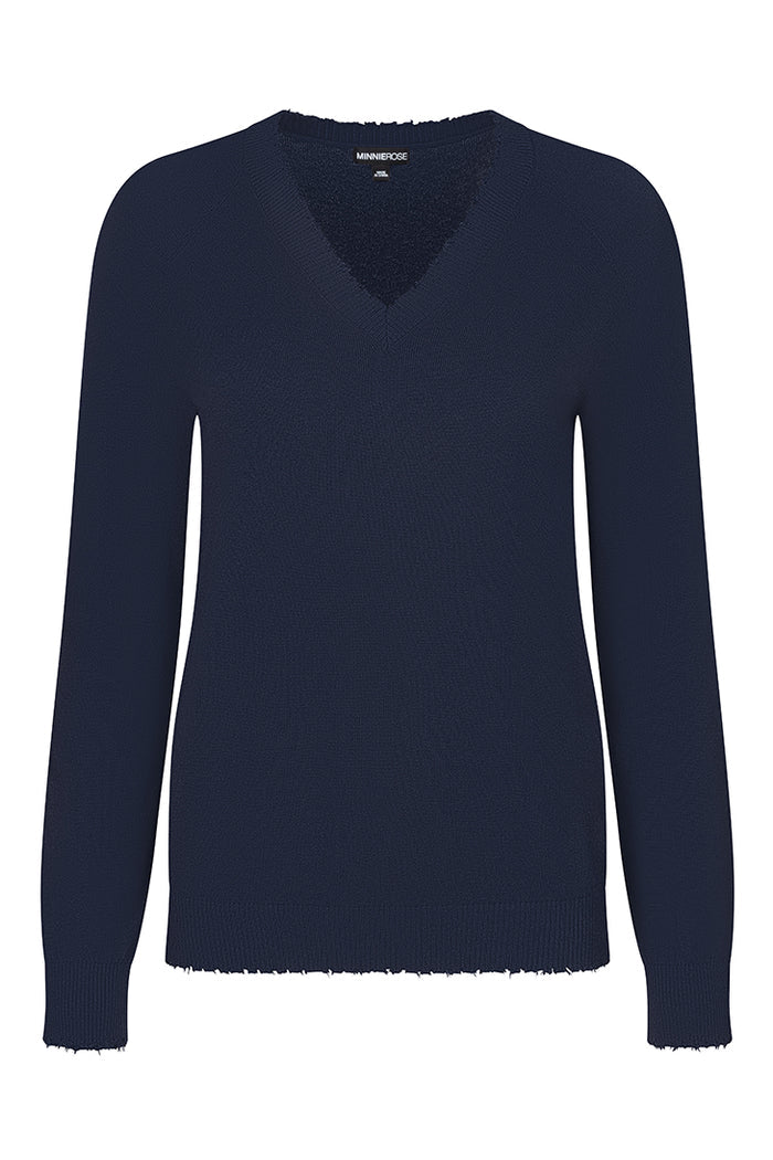 minnie rose cotton cashmere frayed edge v navy 