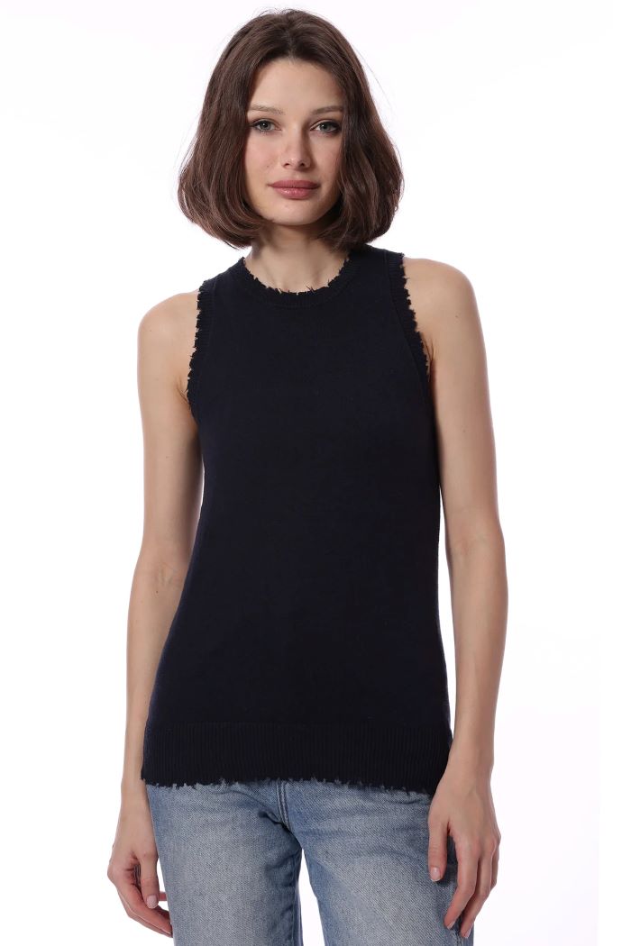 minnie rose cotton cashmere frayed tank navy 