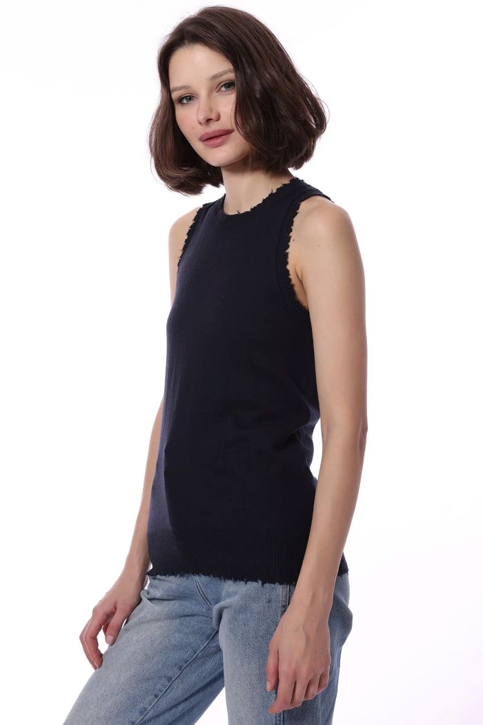 minnie rose cotton cashmere frayed tank navy 