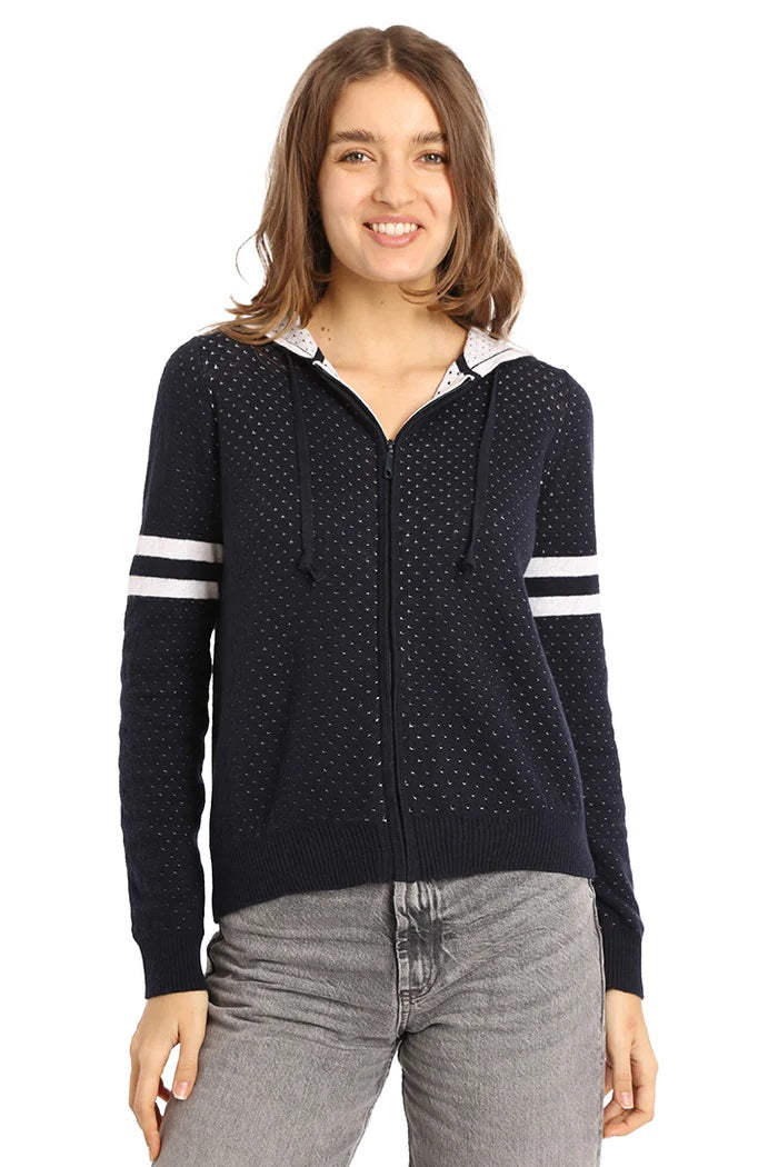 minnie rose cotton/cashmere two-tone mesh zip hoodie navy/white