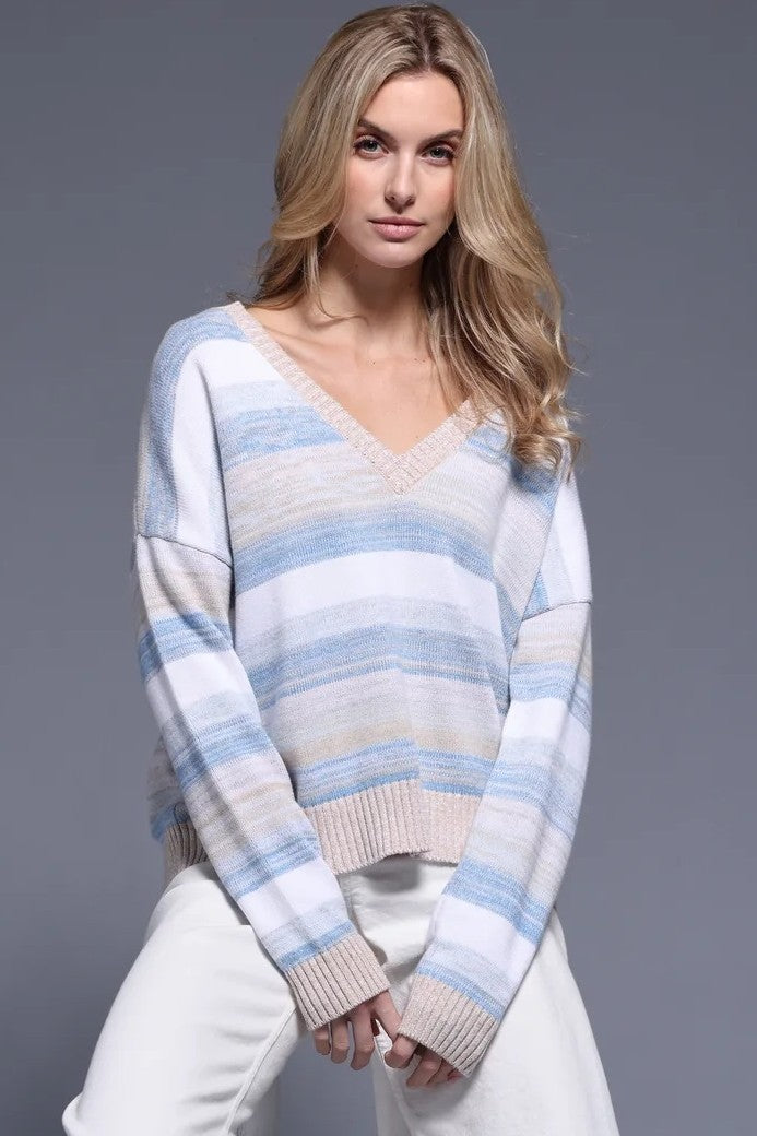 minnie rose cotton cashmere marl stripe boxy v-neck cameo blue combo