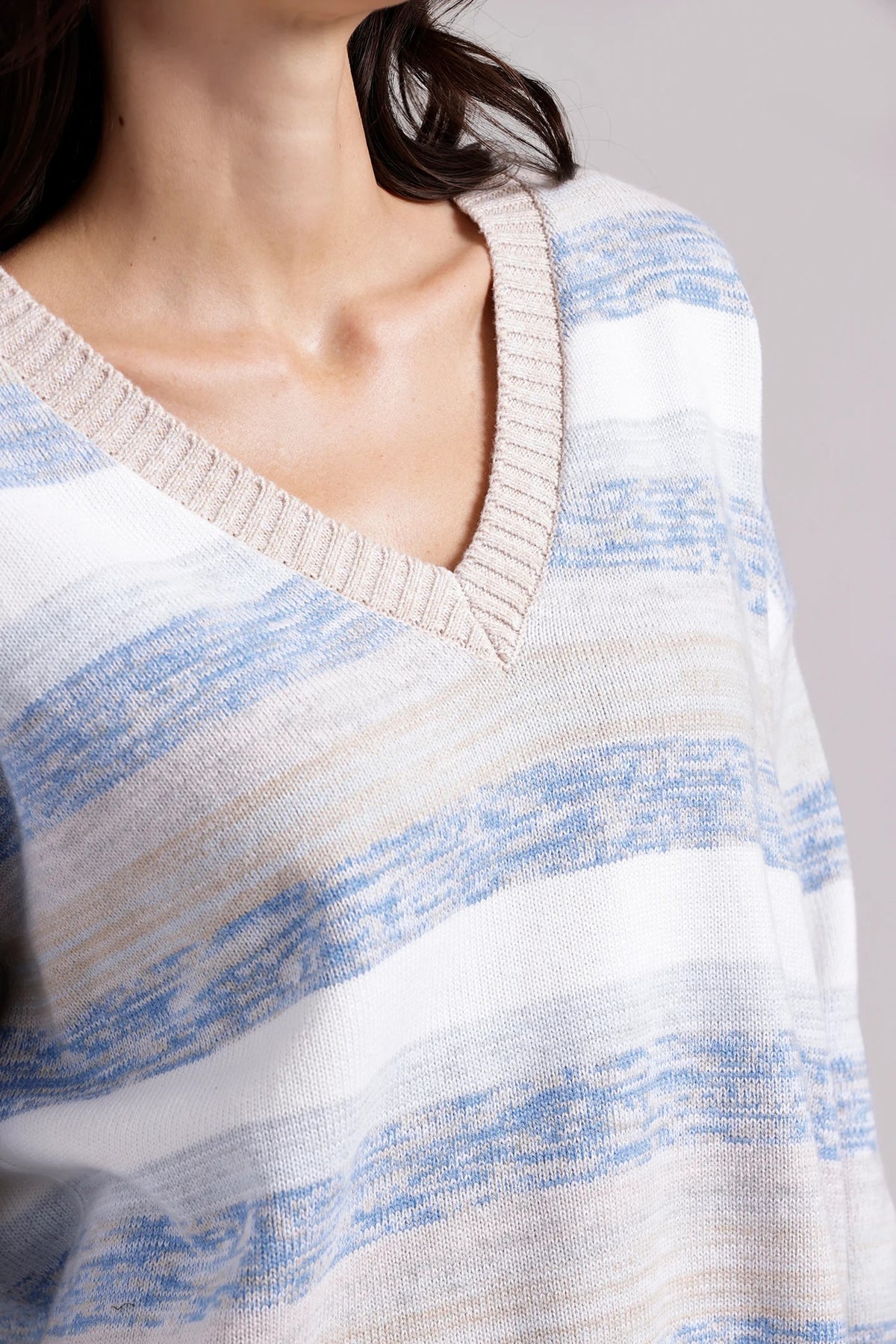 minnie rose cotton cashmere marl stripe boxy v-neck cameo blue combo