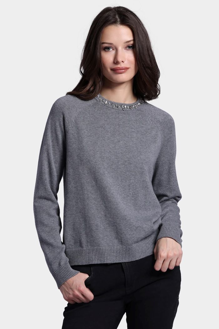 minnie rose jewel neck crew grey shadow