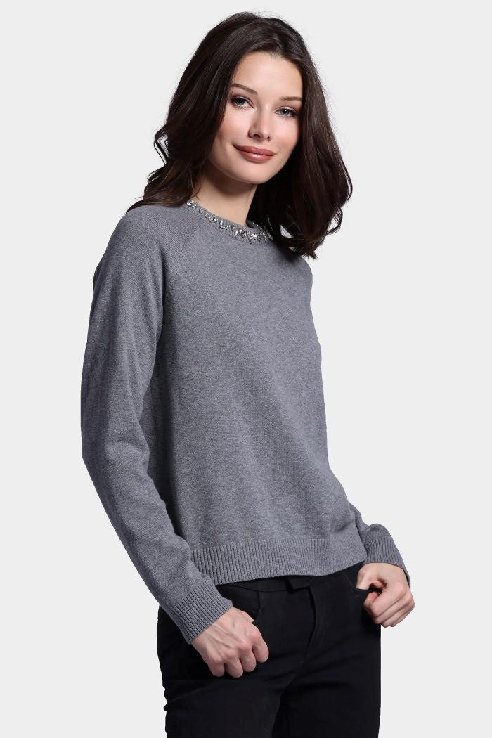 minnie rose jewel neck crew grey shadow