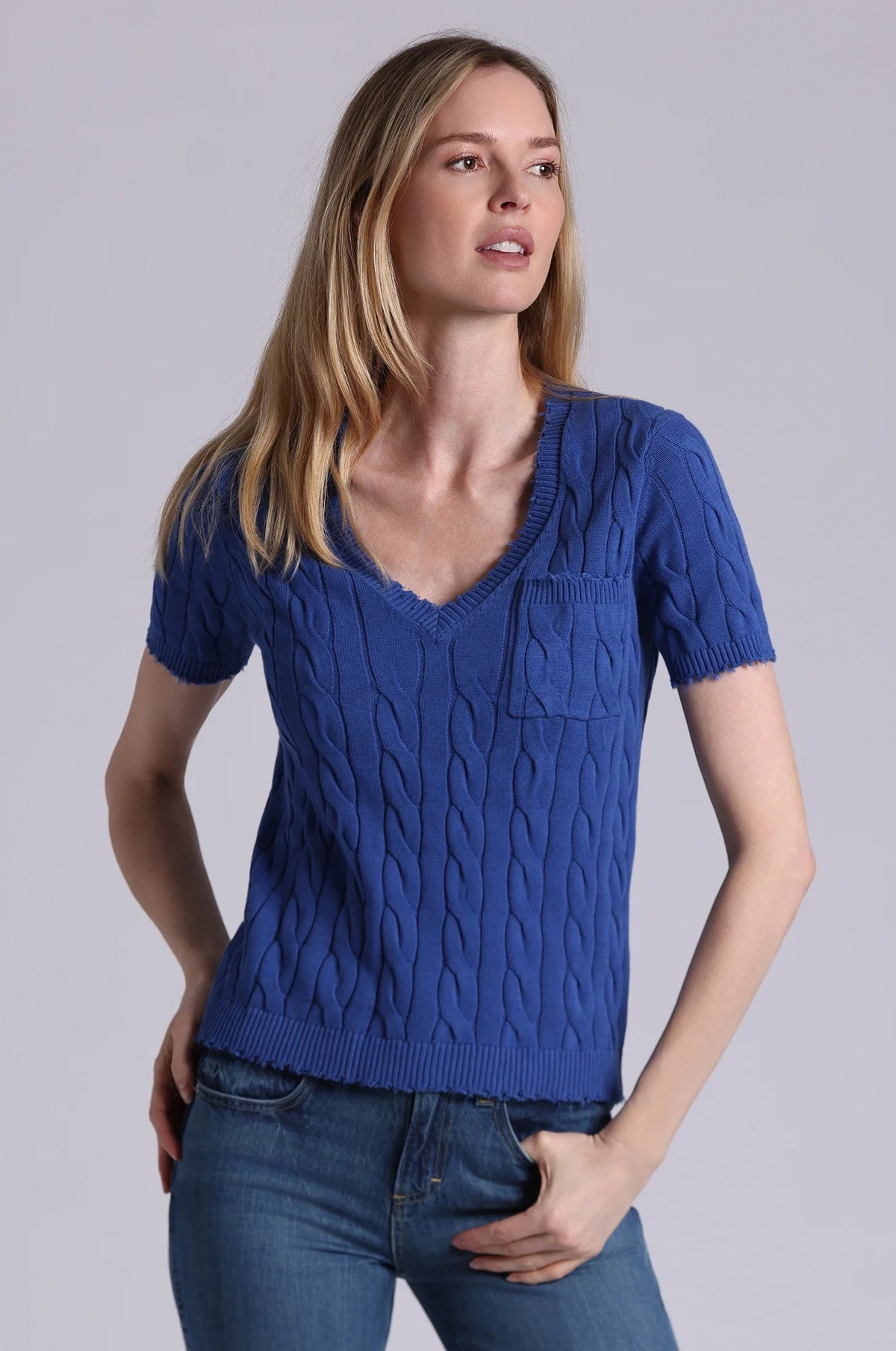 minnie rose frayed cable v-neck cosmic blue