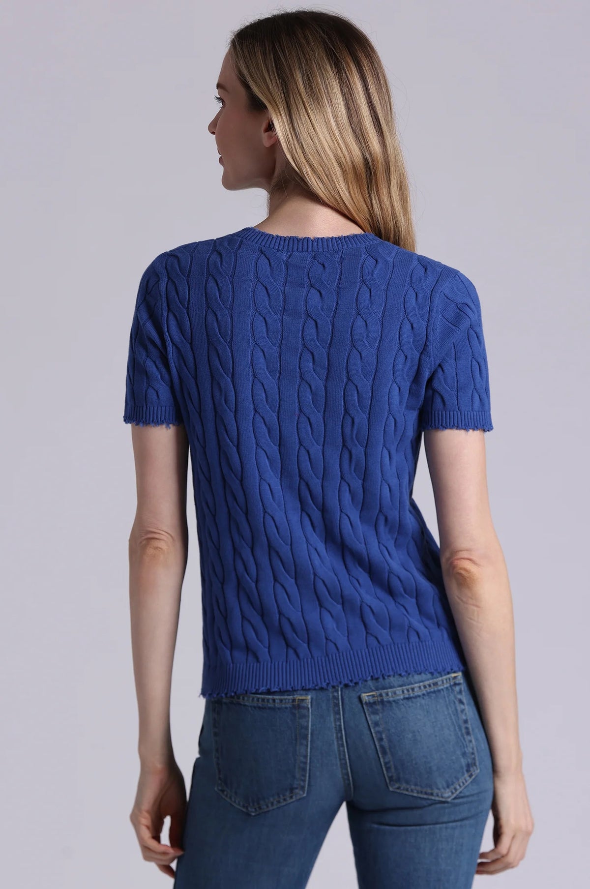 minnie rose frayed cable v-neck cosmic blue