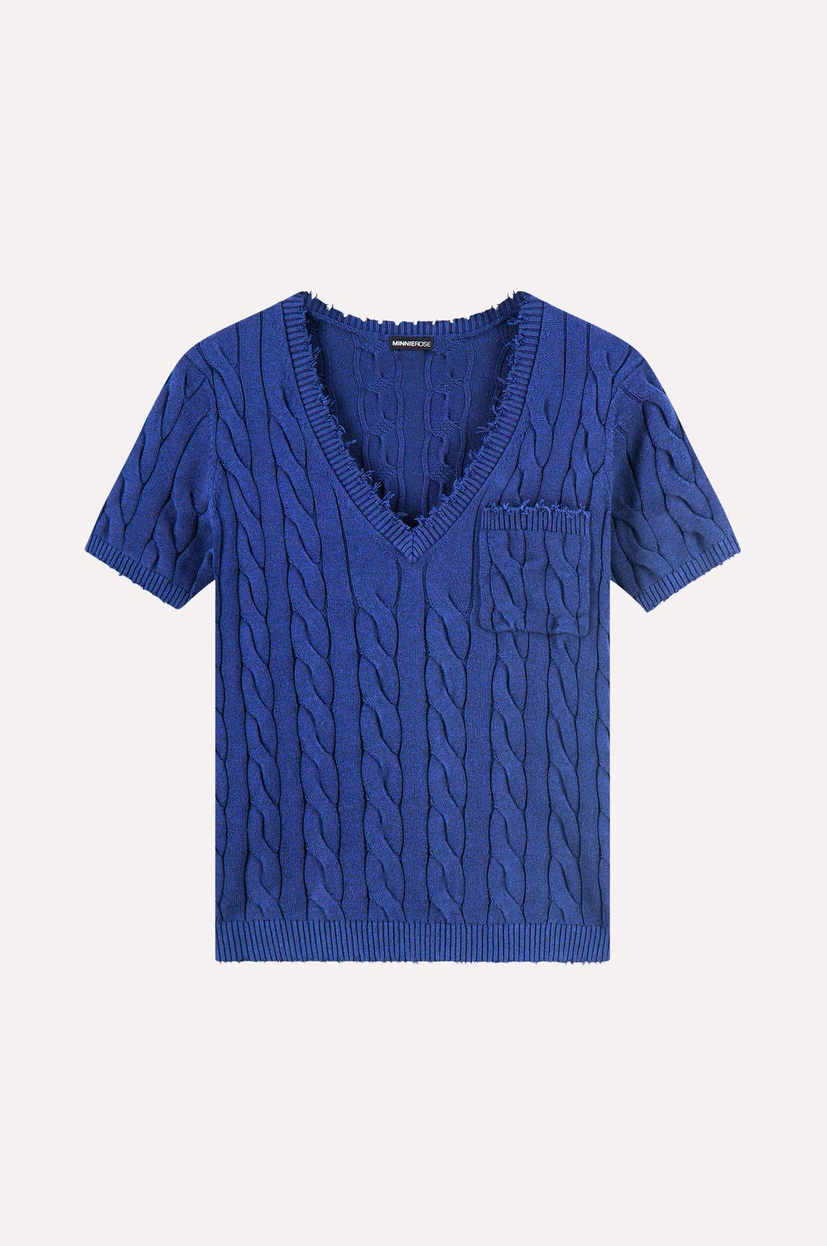 minnie rose frayed cable v-neck cosmic blue