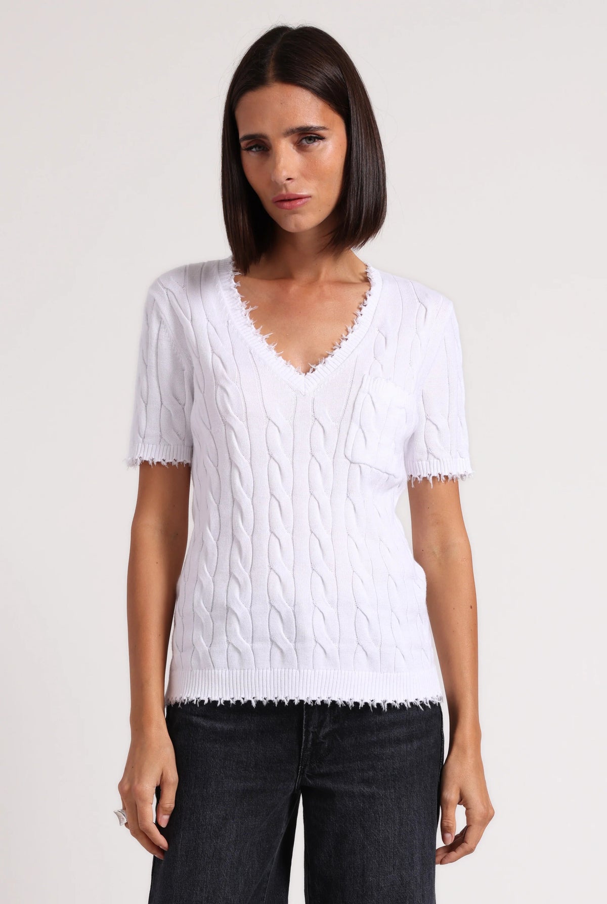 minnie rose frayed cable v-neck white