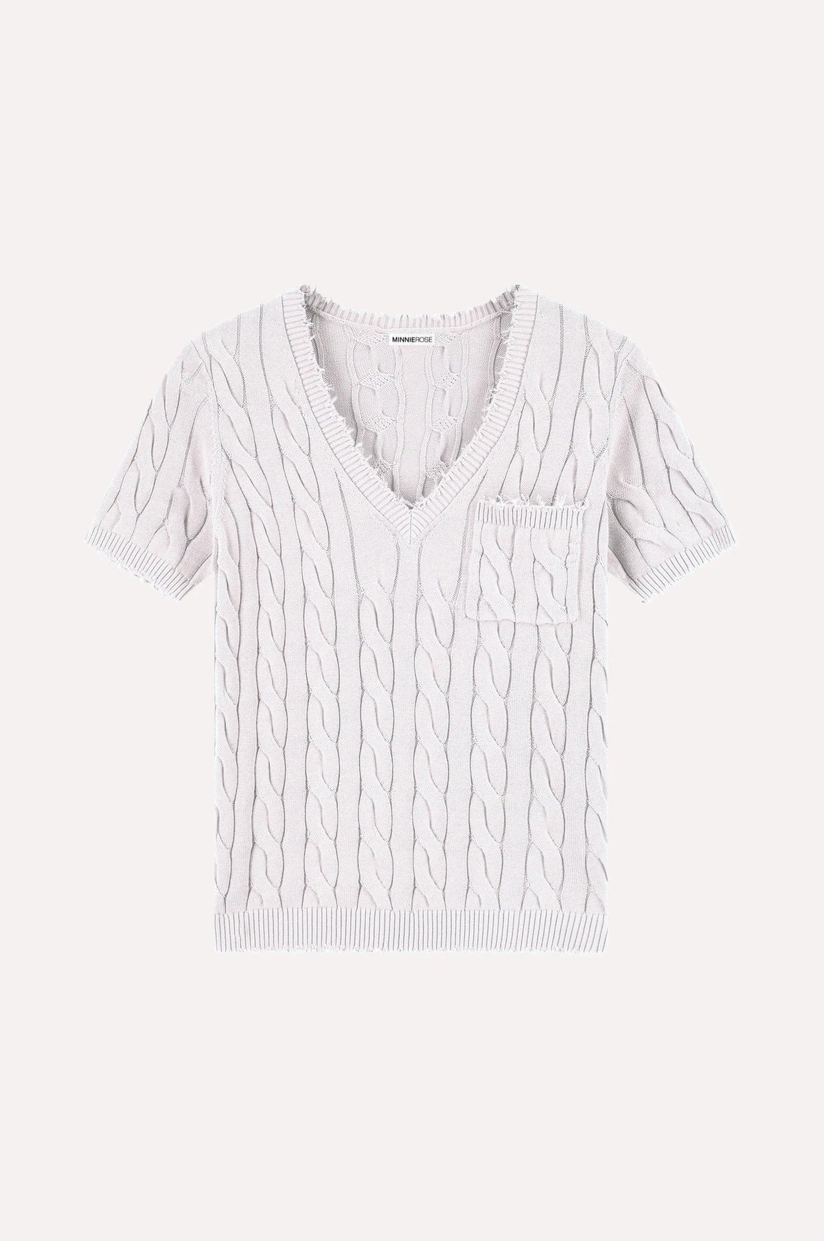 minnie rose frayed cable v-neck white