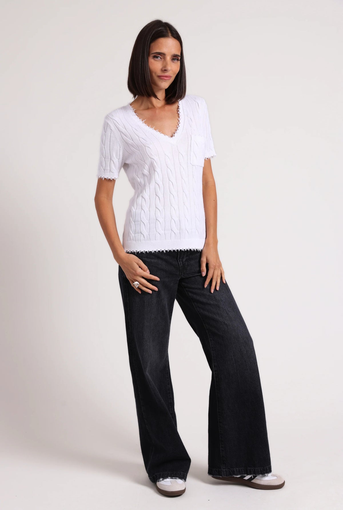 minnie rose frayed cable v-neck white