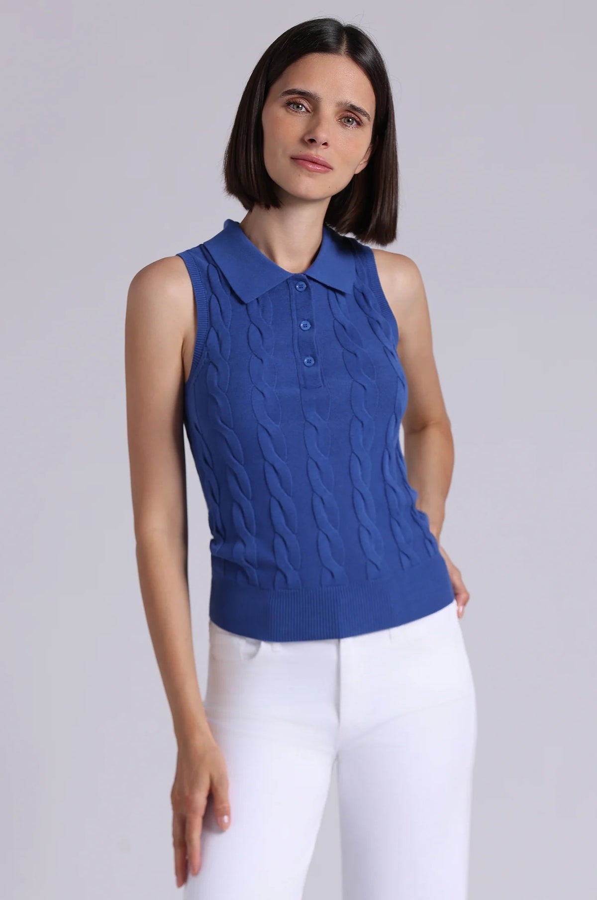minnie rose sleeveless cable polo cosmic blue