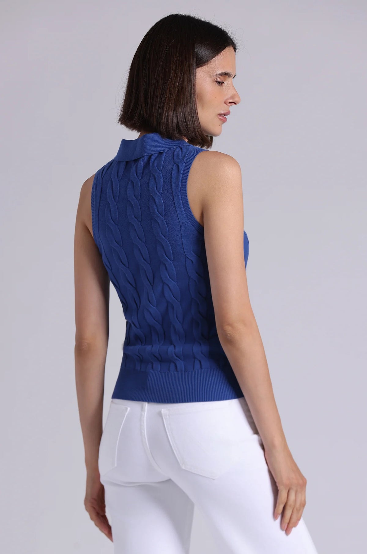 minnie rose sleeveless cable polo cosmic blue