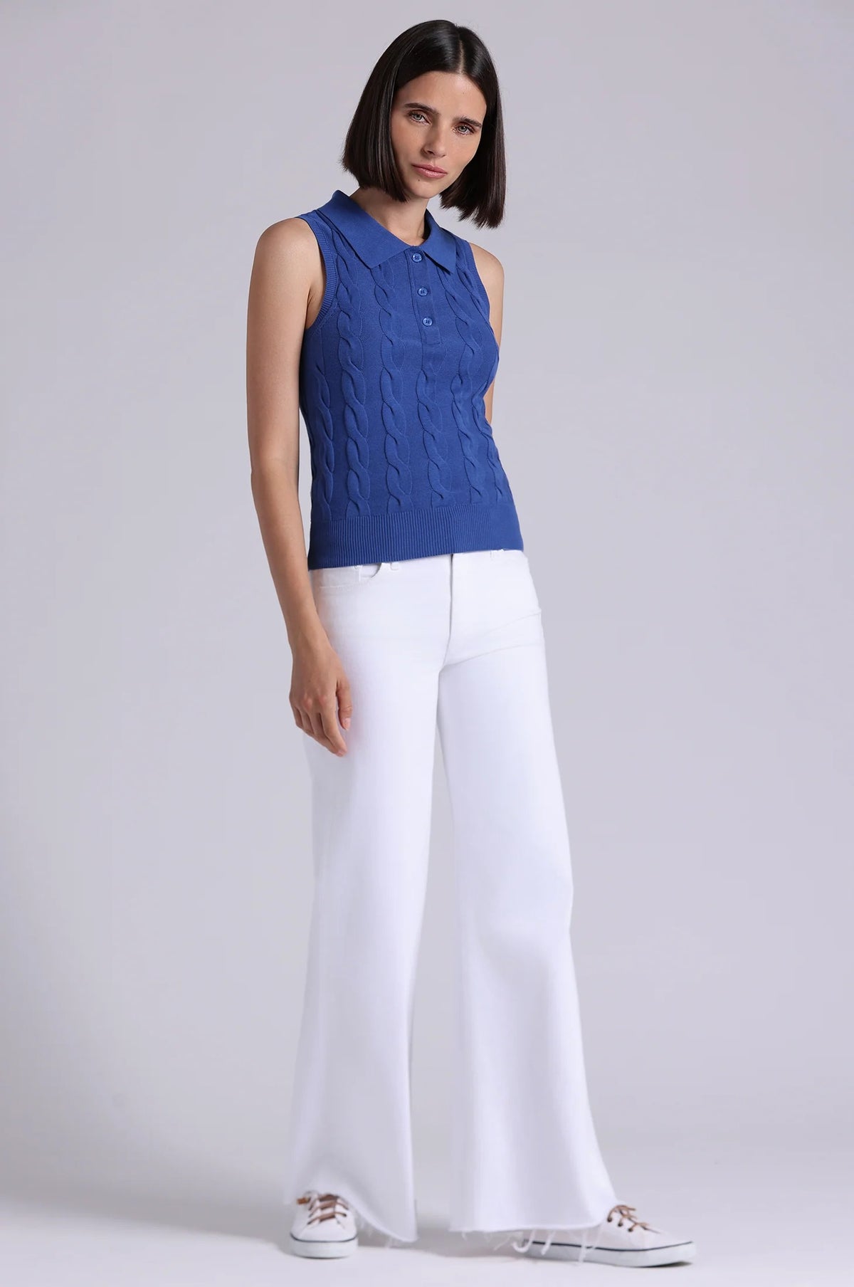 minnie rose sleeveless cable polo cosmic blue
