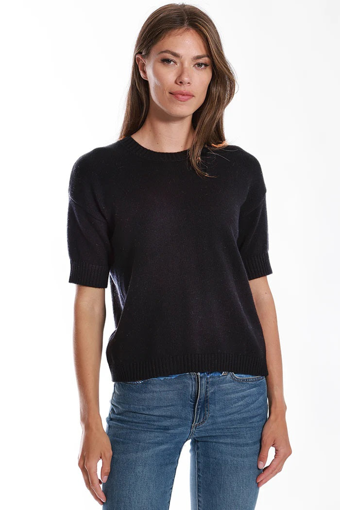 minnie rose cotton/cashmere short sleeve crew neck top black 