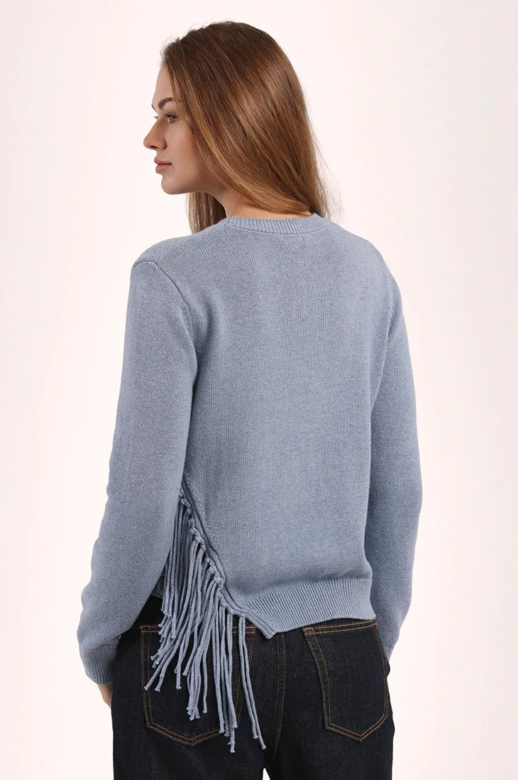 minnie rose fringe trim crew blue haze
