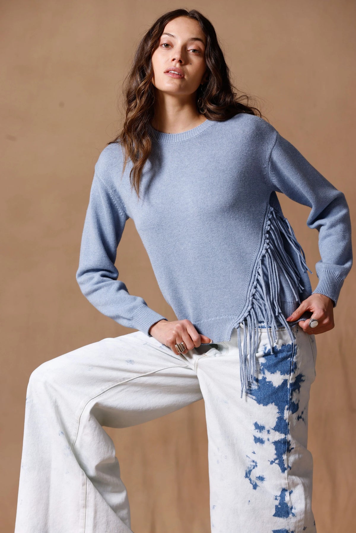 minnie rose fringe trim crew blue haze