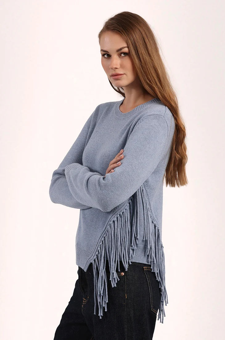 minnie rose fringe trim crew blue haze