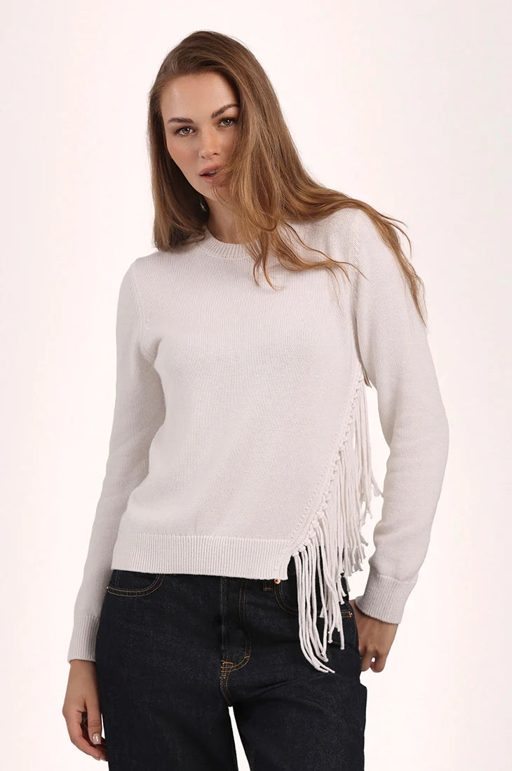 minnie rose fringe trim crew white