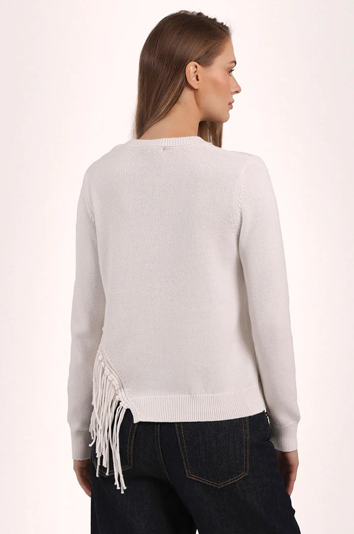 minnie rose fringe trim crew white